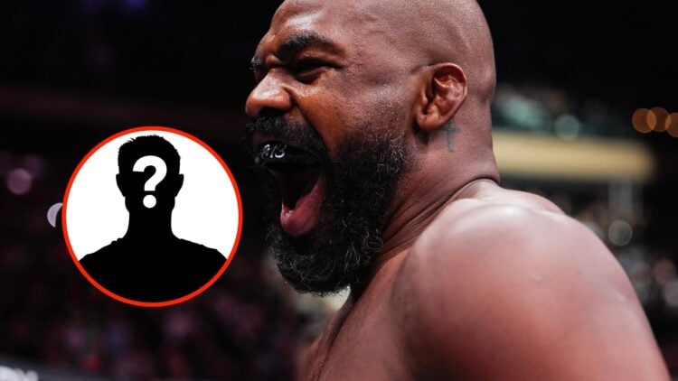 Insert: Mystery Fighter. Center: Jon Jones in the Octagon after his knockout win over Stipe Miocic in November, 2024.