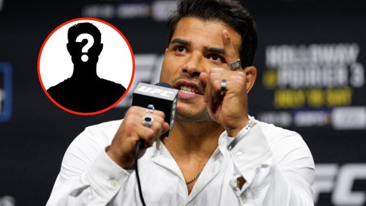 Insert: Mystery Fighter. Center: Paulo Costa speaks during a press conference ahead of his UFC 318 fight with Roman Kopylov in July, 2025.