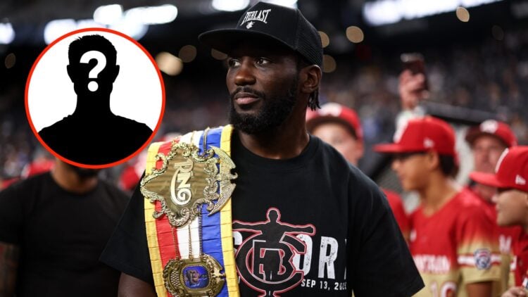 Insert: Mystery Fighter. Center: Terence Crawford attends the game between the Los Angeles Chargers and the Las Vegas Raiders at Allegiant Stadium ...