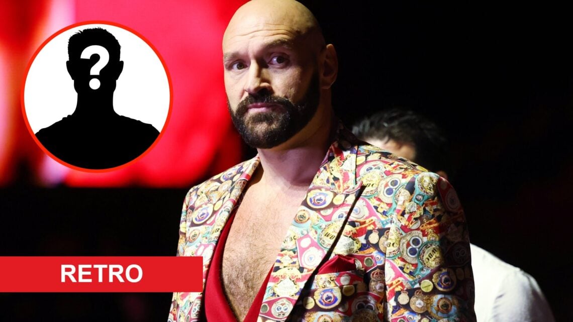 Insert: Mystery Fighter. Center: Tyson Fury on stage during a pre-fight press conference ahead of his fight with Francis Ngannou in March, 2024.