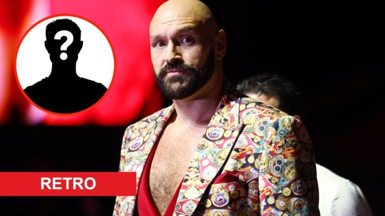 Insert: Mystery Fighter. Center: Tyson Fury on stage during a pre-fight press conference ahead of his fight with Francis Ngannou in March, 2024.