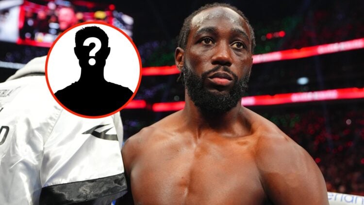 Insert: Mystery Figure. Center: Terence Crawford stands in the ring before his undisputed super middleweight title fight with Canelo Alvarez in Sep...