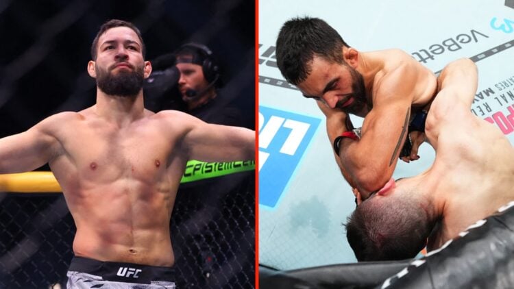 Nassourdine Imavov reacts after finishing Israel Adesanya during their fight at UFC Saudi Arabia and Benoit Saint Denis elbows Kyle Prepolec at UFC...