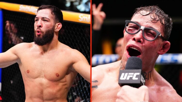 Nassourdine Imavov celebrates after finishing Israel Adesanya at UFC Saudi Arabia and Caio Borralho on the microphone at the UFC Apex, Middleweight...