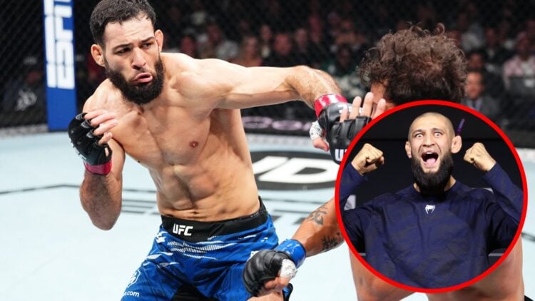 Nassourdine Imavov punches Caio Borralho at UFC Paris, inset Khamzat Chimaev poses on the scale at the UFC 319 ceremonial weigh-in