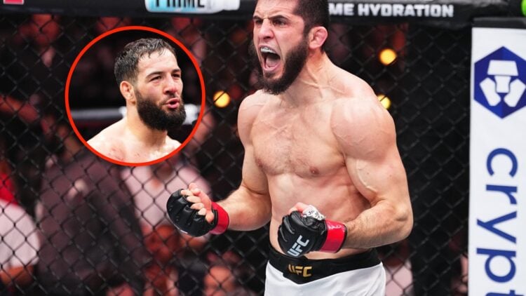 Insert: Nassourdine Imavov in the Octagon after his win over Caio Borralho at UFC Fight Night Paris in September, 2025. Center: Islam Makhachev cel...