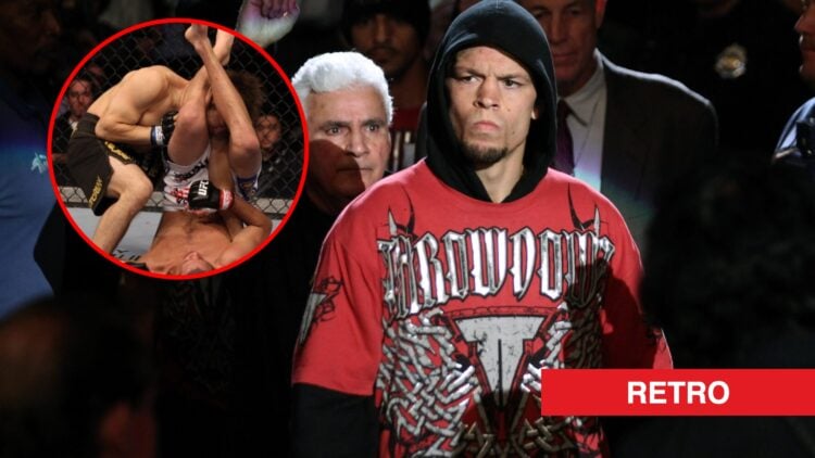 Main: Nate Diaz walks to the cage for his fight against Takanori Gomi at UFC 135. Inset: Nate Diaz attacks an armbar submission against Takanori Go...