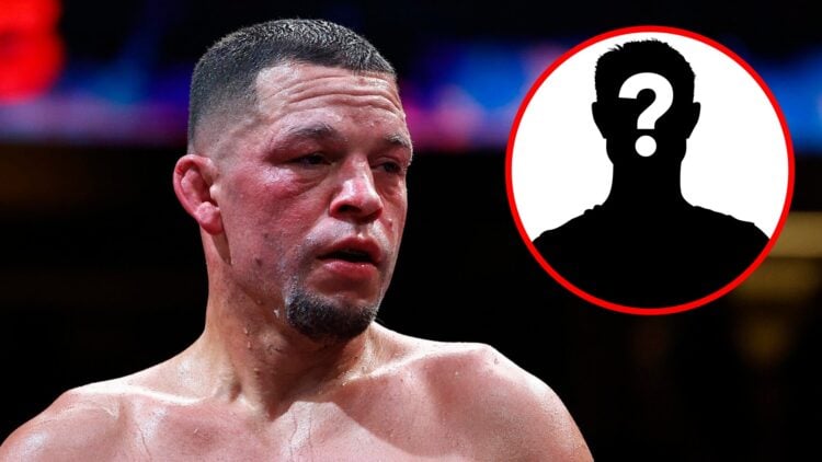 Nate Diaz looks on during his boxing match with Jorge Masvidal, inset mystery icon