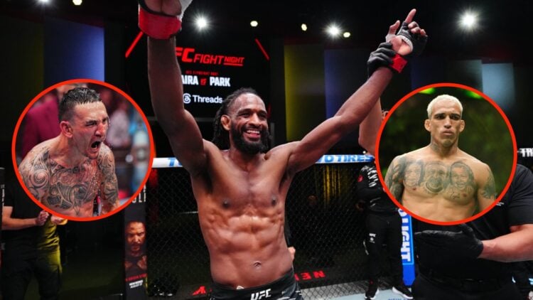 Neil Magny raises his arms in celebration with inserts of Charles Oliveira enters the Octagon for his fight against Ilia Topuria at UFC 317 and Max...
