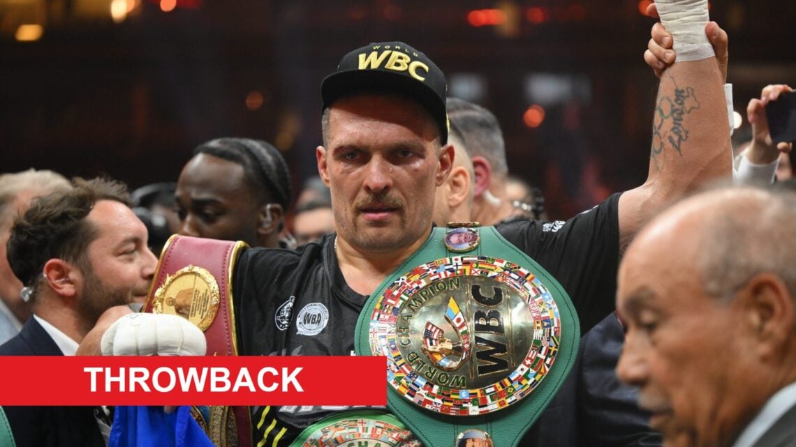 Oleksandr Usyk gets his hand raised after beating Tyson Fury in 2024, inset throwback banner
