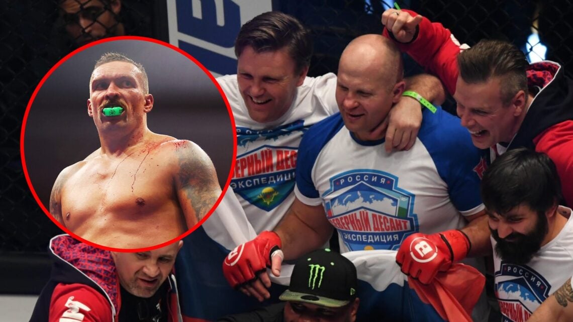 Main: Fedor Emelianenko celebrates with his team after beating 'Rampage' Jackson at Bellator 237. Inset: Oleksandr Usyk looks on during his heavywe...