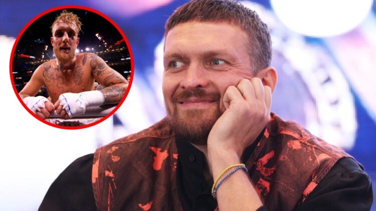 Oleksandr Uysk on stage at the press conference for his Daniel Dubois rematch, inset Jake Paul reacts after knocking out Tyron Woodley in 2021