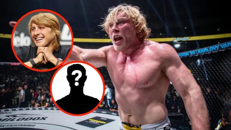 Insert: Paddy Pimblett smiles during a pre-fight press conference. Insert: Mystery Fighter. Right: Frederic Vosgrone reacts after his win over Jori...