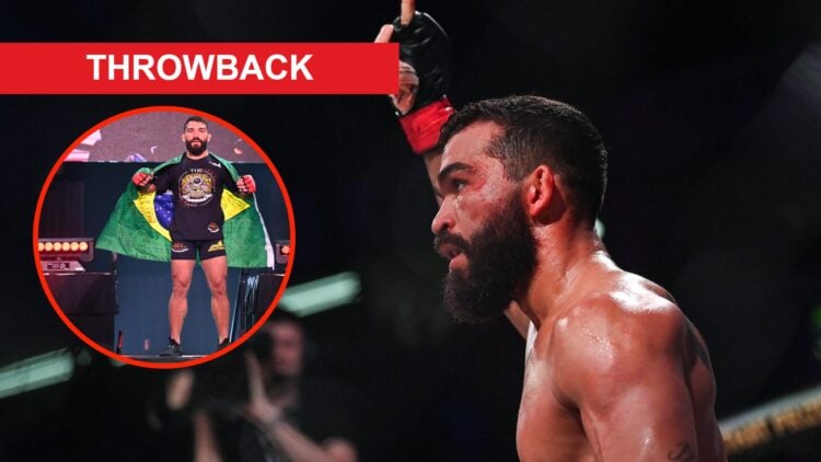 Image of Patricio Pitbull lifting his finger on the way to the octagon with an overlay of Patricio Pitbull draped in a Brazil flag in Bellator