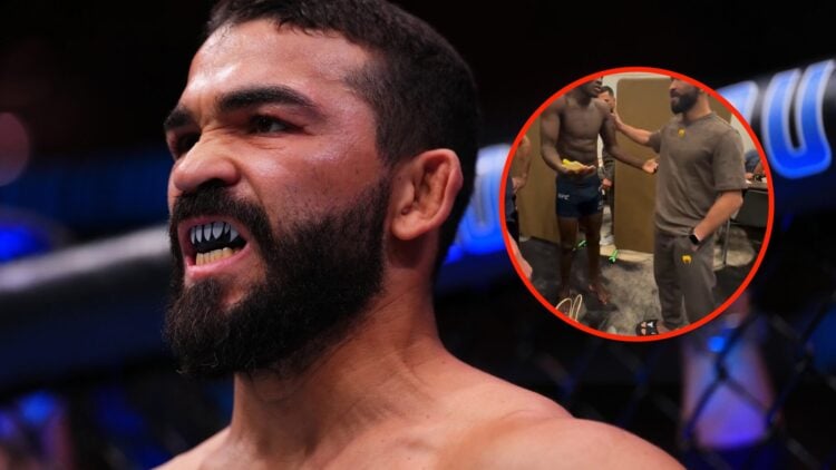 Center: Patricio Pitbull in the Octagon ahead of his fight with Dan Ige at UFC 319 in August, 2025. Insert: Losene Keita speaks with Patricio Pitbu...