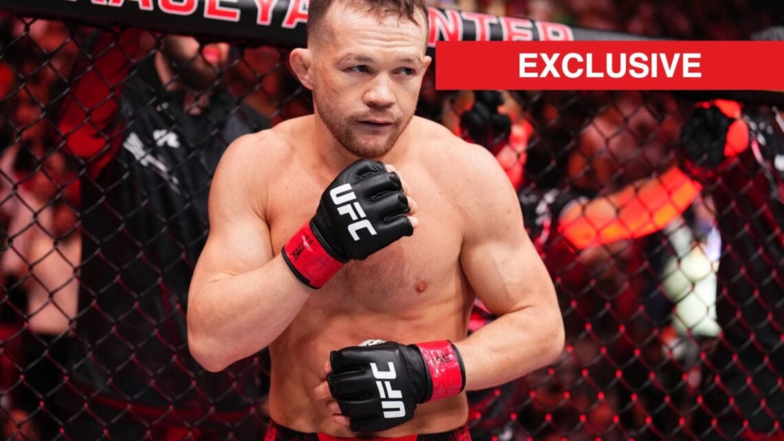 Petr Yan in the Octagon at UFC 299, with exclusive label