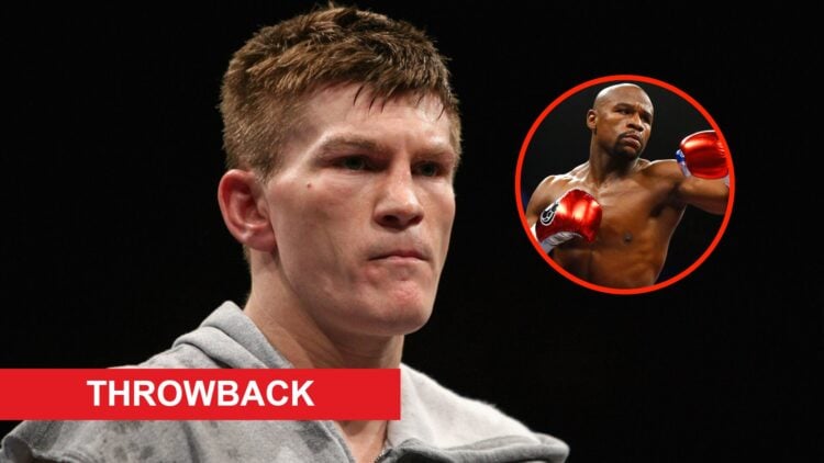 Center: Ricky Hatton in the ring ahead of his title fight with Juan Lazcano in May, 2008. Insert: Floyd Mayweather in the ring during his title fig...