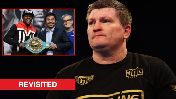 Image of Ricky Hatton, inset Floyd Mayweather Jr. and Manny Pacquiao posing with a WBC championship belt