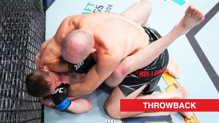 Rinat Fakhretdinov lands an elbow on Andreas Michailidis during their fight at UFC Vegas 56
