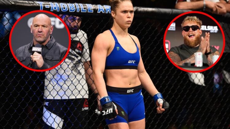 Ronda Rousey prepares to fight at UFC 207, insets of Dana White and Jake Paul at different press conferences