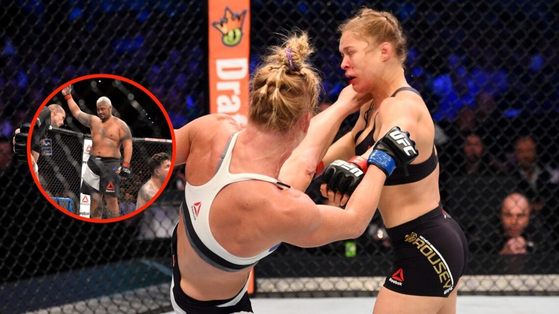 Holly Holm knocks out Ronda Rousey with a high kick at UFC 193 with an insert of Mark Hunt celebrates after knocking down Frank Mir at UFC Brisbane