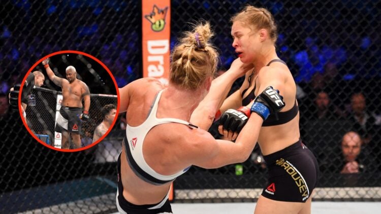 Holly Holm knocks out Ronda Rousey with a high kick at UFC 193 with an insert of Mark Hunt celebrates after knocking down Frank Mir at UFC Brisbane