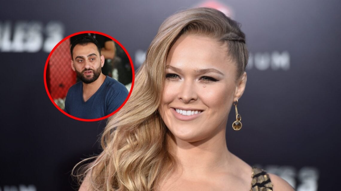Ronda Rousey on the red carpet for The Expendables 3, with inset of coach Edmond Tarverdyan