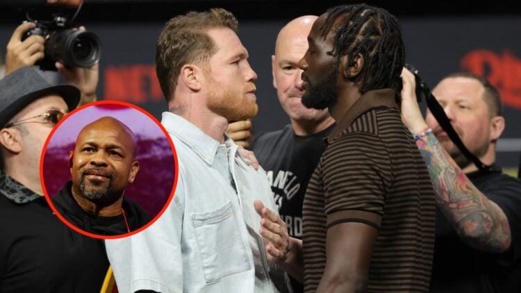 Insert: Roy Jones Jr. addresses the crowd at a 2023 boxing event. Center: Canelo Alvarez faces off with Terence Crawford at a pre-fight press confe...