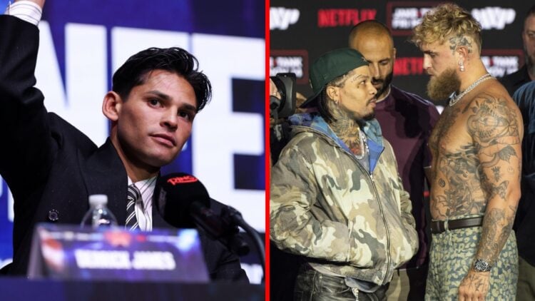 Ryan Garcia at a press conference, Gervonta Davis and Jake Paul face off