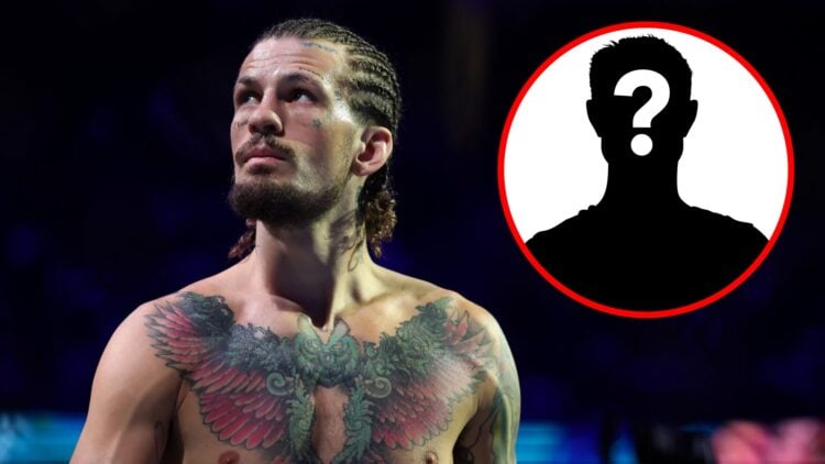 Sean O'Malley looks on ahead of his UFC 316 fight with Merab Dvalishvili, inset mystery icon
