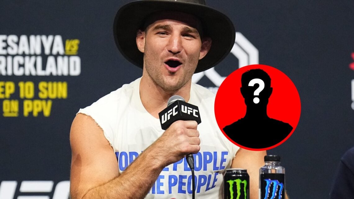 Sean Strickland at the UFC 293 press conference, with mystery inset