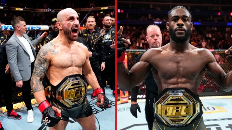 Split image of Alexander Volkanovski with UFC belt and Aljamain Sterling posing with UFC belt in the Octagon