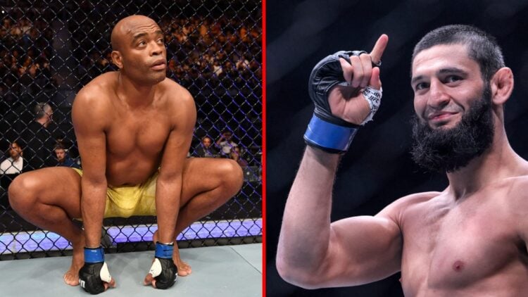 Split image of Anderson Silva in the Octagon at UFC 234, Khamzat Chimaev poses in the UFC Octagon