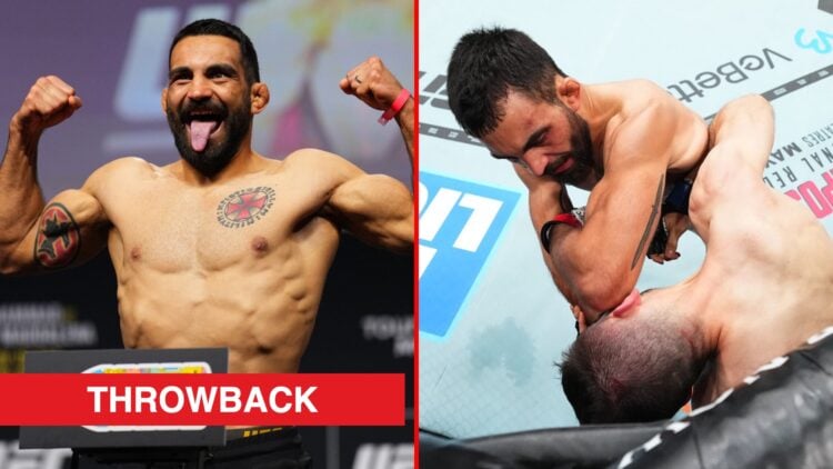 Split image of Benoit Saint-Denis at UFC 315 weigh-ins and Benoit Saint-Denis elbows Kyle Prepolec at UFC 315