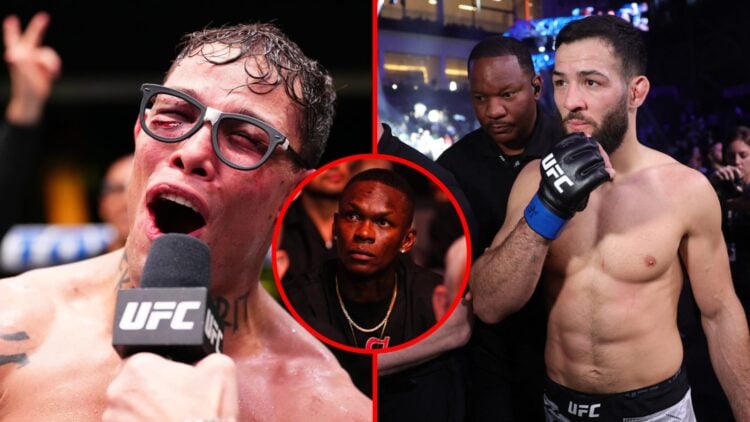 Split image of Caio Borralho on the microphone at the UFC Apex, Nassourdine Imavov walking out of UFC Octagon in Riyadh, with inset of Israel Adesa...