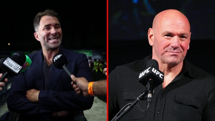 Split image of Eddie Hearn at boxing event, UFC CEO Dana White during UFC press conference