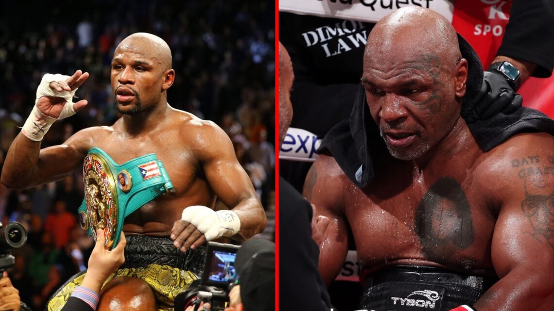 Split image of Floyd Mayweather celebrating boxing win, Mike Tyson sitting in his corner during his exhibition match with Jake Paul