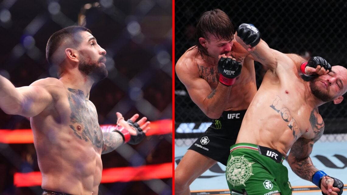 Split image of Ilia Topuria at UFC 317, Jean Silva throwing spinning elbow at Diego Lopes at Noche UFC