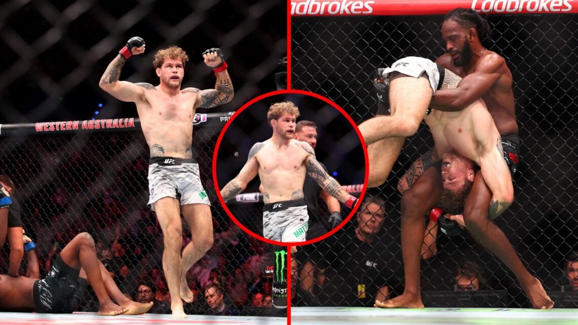 Split image of Jake Matthews walking away from Neil Magny, Neil Magny picking up Jake Matthews at UFC Perth, with inset of Jake Matthews questionin...