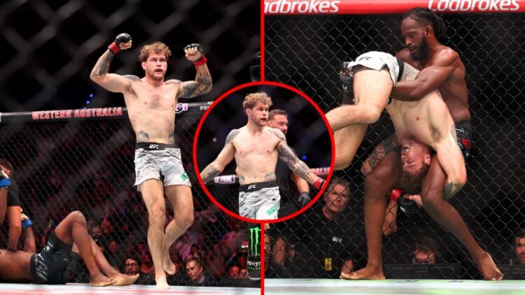 Split image of Jake Matthews walking away from Neil Magny, Neil Magny picking up Jake Matthews at UFC Perth, with inset of Jake Matthews questionin...