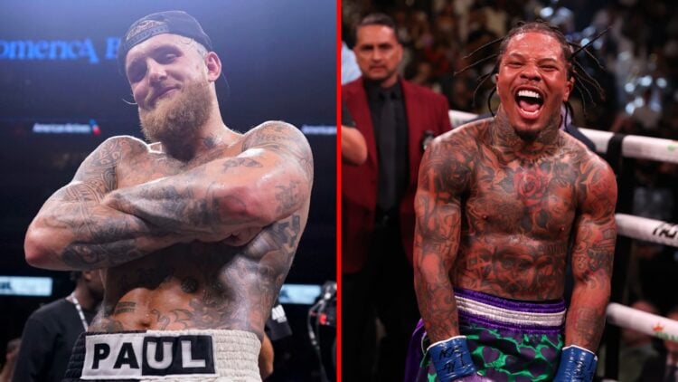 Split image of Jake Paul in the boxing ring, and Gervonta Davis celebrating