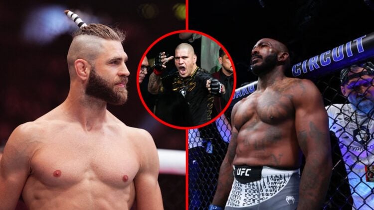 Split image of Jiri Prochazka at UFC 303, Khalil Rountree Jr. in the Octagon at UFC Baku, inset of Alex Pereira yelling at UFC event