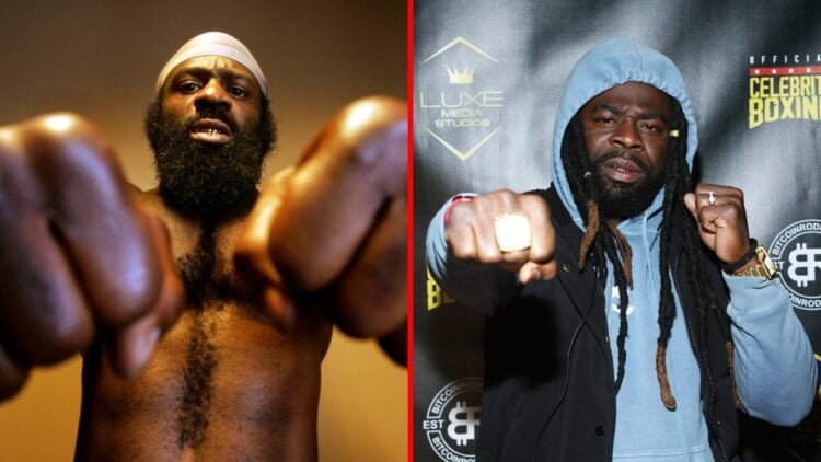 Split image of Kimbo Slice posing for portrait, Kimbo Slice Jr. at Celebrity Boxing event
