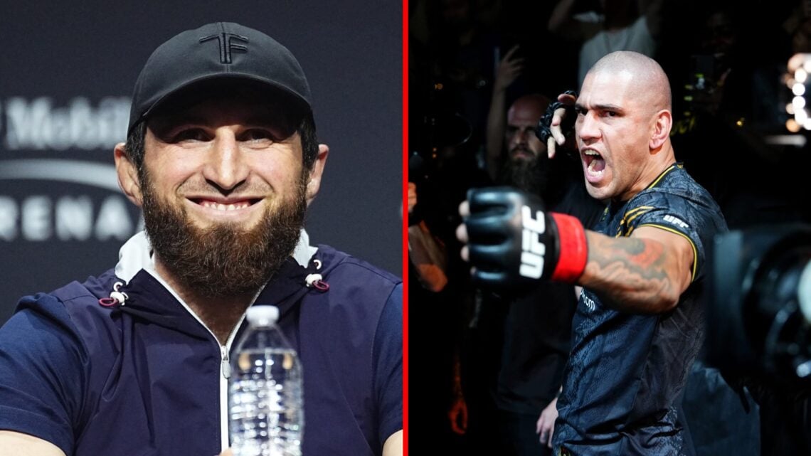 Split image of Magomed Ankalaev at UFC 313 press conference, Alex Pereira emotes during UFC 300 walk-out