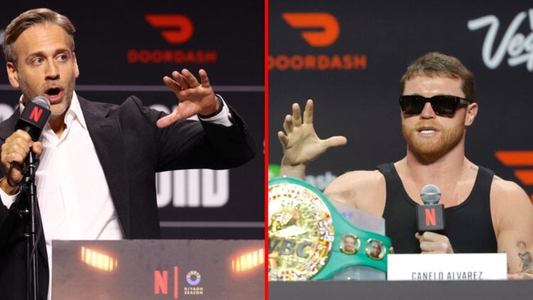 Split image of Max Kellerman and Canelo Alvarez at Canelo vs. Crawford press conference