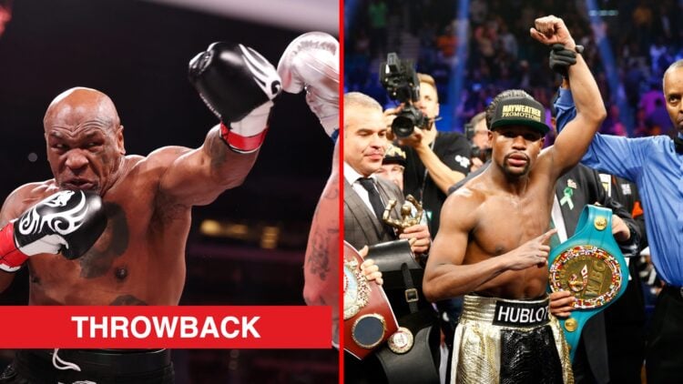 Split image of Mike Tyson throwing a punch at Jake Paul, Floyd Mayweather in the boxing ring following a win