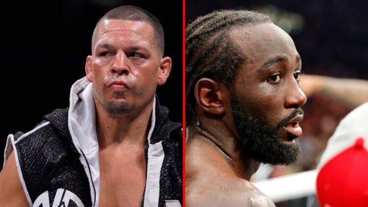 Split image of Nate Diaz in the boxing ring, Terrence Crawford in the ring for his boxing match with Canelo Alvarez
