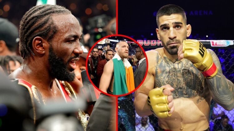 Split image of Terence Crawford following win over Canelo Alvarez, Ilia Topuria in the Octagon at UFC 308, with inset of Conor McGregor walking to ...