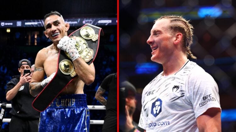 Split image of Tony Ferguson holding belt at Misfits Boxing 22, Paddy Pimblett smiling at UFC 314
