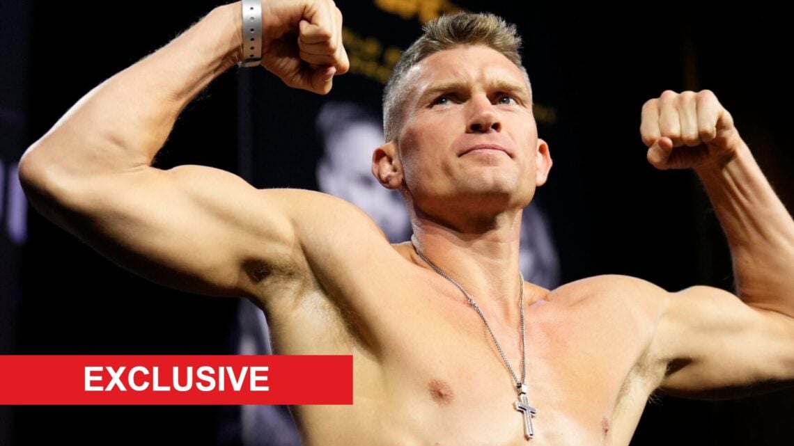 Stephen Thompson on stage at the UFC 307 ceremonial weigh-ins before fighting Joaquin Buckley, inset exclusive banner